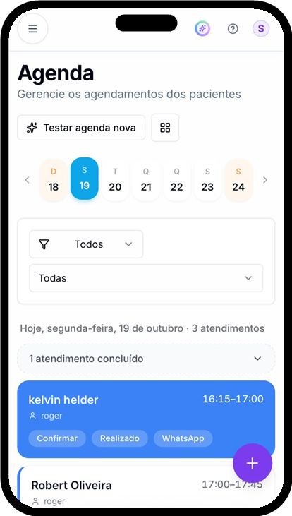 Agenda do dia no app do Fisio Tech