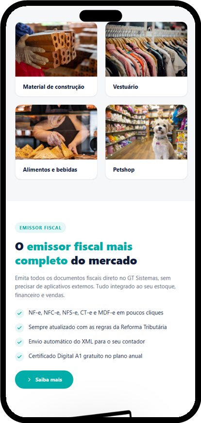 Segmentos e emissor fiscal do GT Sistemas