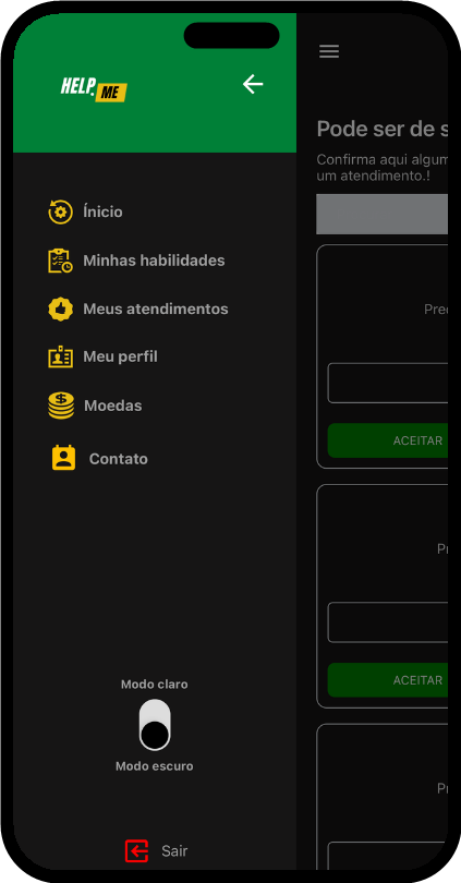 Menu do app Help.Me em modo escuro