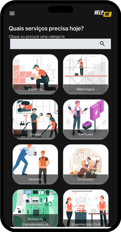 Categorias de serviço do app Help.Me