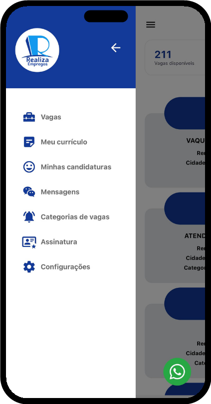 Menu do app Realiza Empregos