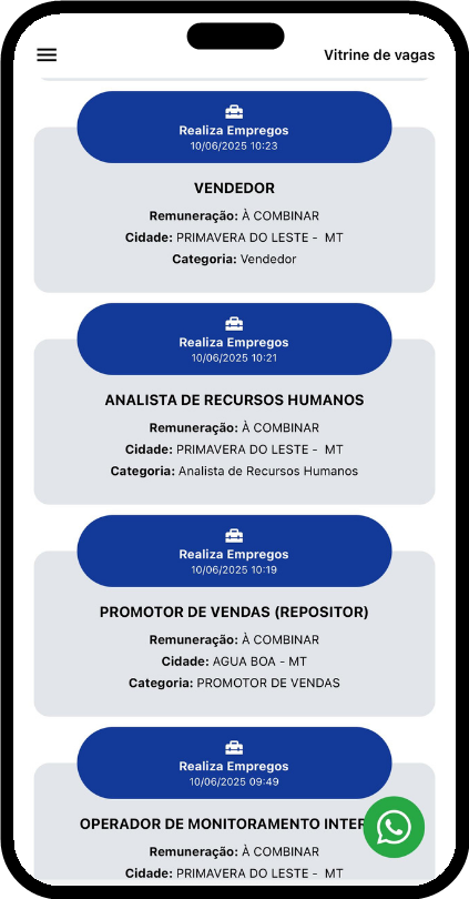 Vitrine de vagas do app Realiza Empregos