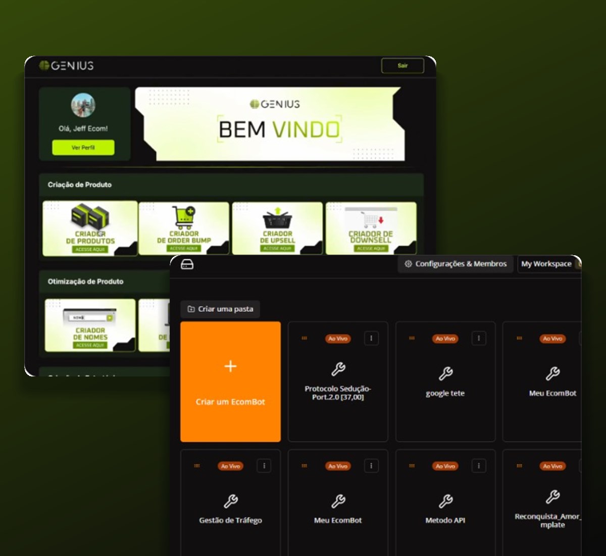 Duas plataformas para vendedores online: ferramentas de oferta e produto, e bots de atendimento